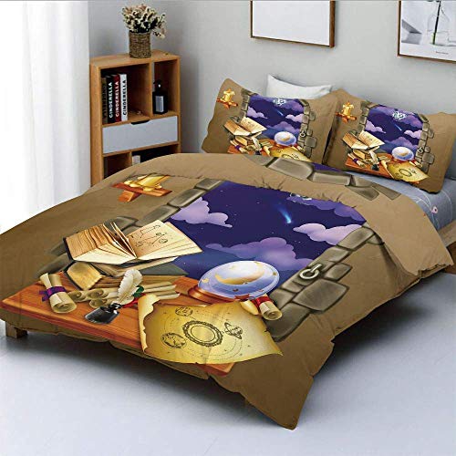 Juego de funda nórdica, ventana de castillo medieval antiguo con bola de cristal, nubes, pergamino decorativo, juego de cama de 3 piezas con 2 fundas de almohada, verde azulado, gris, blanco y morado, Juego de funda nórdica, ventana de castillo medieval antiguo con bola de cristal, nubes, pergamino decorativo, juego de cama de 3 piezas con 2 fundas de almohada, verde azulado, gris, blanco y morado,