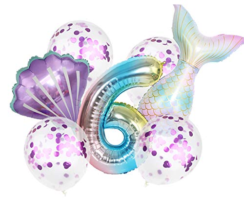 Juego de globos gigantes de cola de sirena de 32 pulgadas, 7 unidades (1 globo de número, 1 globo de cola de Mylar, 1 globo de concha y 4 globos de látex de lentejuelas), aluminio, Sirena, Number6 Juego de globos gigantes de cola de sirena de 32 pulgadas, 7 unidades (1 globo de número, 1 globo de cola de Mylar, 1 globo de concha y 4 globos de látex de lentejuelas), aluminio, Sirena, Number6