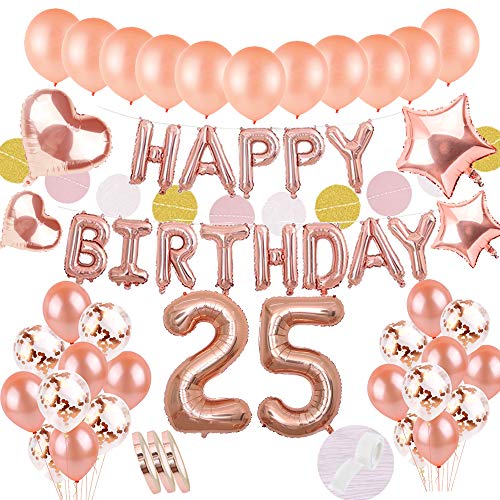 Juego de oro rosa de decoración de 25 años de edad: globos de papel de helio Banner de feliz cumpleaños y Número 25 y 30 globos y 4 estrellas corazónglobo para fiesta de cumpleaños de niña hija Juego de oro rosa de decoración de 25 años de edad: globos de papel de helio Banner de feliz cumpleaños y Número 25 y 30 globos y 4 estrellas corazónglobo para fiesta de cumpleaños de niña hija
