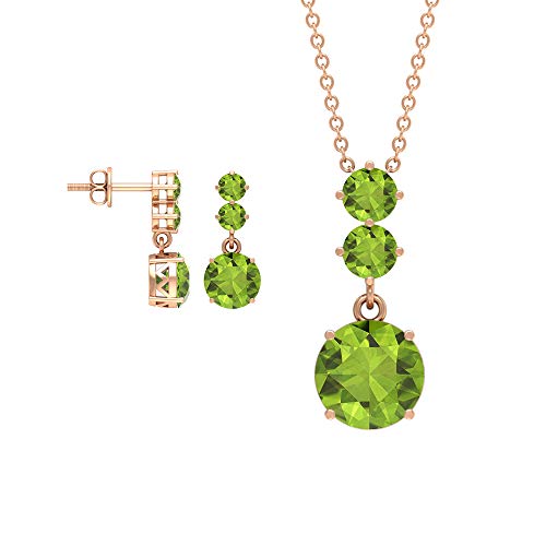 Juego de pendientes y collar de peridoto redondo 4.47, collar y pendientes de oro con colgante de tres collares de piedras, conjuntos de joyas de piedras preciosas verdes (calidad AAA) verde