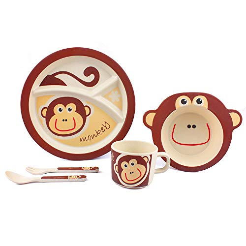 Juego de Vajilla Infantil, Afufu Vajillas de bambú para Bebé y Niños, Cubiertos Infantiles Incluye Plato, Tazón, Vaso, Cuchara y Tenedor. Sin tóxicos BPA. Apto para Lavavajillas. (5 Piezas)