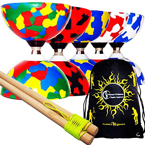Juggle Dream Jester Pro Diabolo Conjunto (5 Colores) Triple Pelota cojinete Embrague Diabolos + Palos de Madera, Diabolo Cuerda & Bolso de Viaje! (Multicolor)