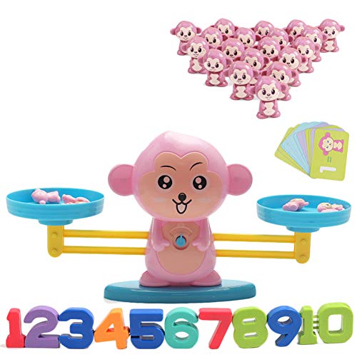 Juguete de Matemáticas, Monkey Balance Tarjetas de Matemáticas Bloque Digital Juego Educativo Juegos de Matemáticas Regalo para Niños y Niñas，Rosa Mono,1