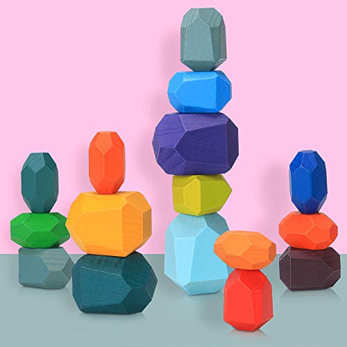 Juguetes de Apilamiento de Madera Piedras de Madera de Colores Equilibrio y Ordenar Montessori niños Juguete Educativo Bloques Construcción Madera Juego (16 pcs)