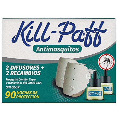 Kill Paff | Insecticida Eléctrico | Antimosquitos| Eficaz Contra Mosquito Tigre y Transmisores de Enfermedades Tropicales, 2 difusores x 2 recambios