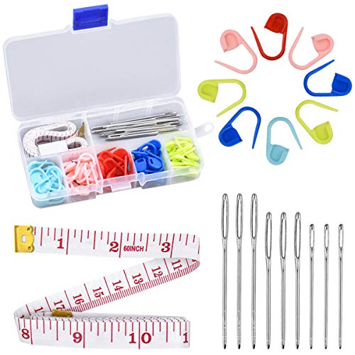 Kit Accesorios para Tejer, 60pcs Plástico Marcadores Puntos Ganchillo, 9pcs Agujas 3 Tamaños Agujas de Ojo Grande con Cinta Métrica Suave y Caja Almacenamiento para Tejer, Hacer Ganchillo, Coser