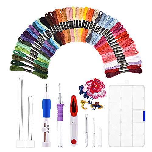 Kit de bordado, BASEIN combinación de juego de herramientas artesanales de aguja de punzonado de bordado que incluye 50 hilos de colores para costura de punto de cruz costura DIY.