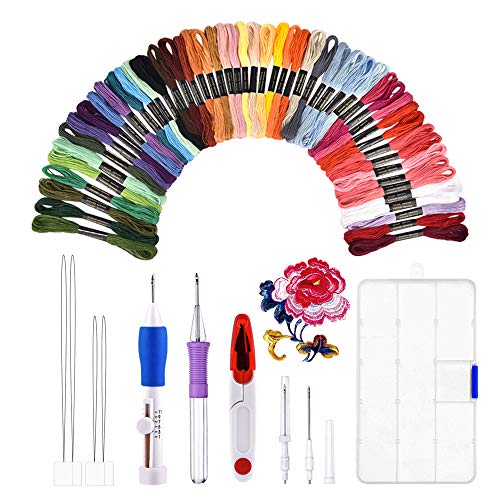 Kit de bordado, BASEIN combinación de juego de herramientas artesanales de aguja de punzonado de bordado que incluye 50 hilos de colores para costura de punto de cruz costura DIY. Kit de bordado, BASEIN combinación de juego de herramientas artesanales de aguja de punzonado de bordado que incluye 50 hilos de colores para costura de punto de cruz costura DIY.