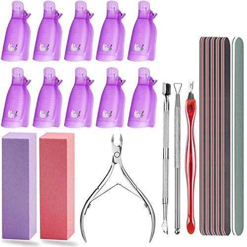 Kit de Herramientas Removedor de Esmalte de Uñas,10 pcs Clip Uñas de Plastico, Kit Profesional para Limpiar Uñas y Quitar Cutículas, Nail File Grit, Cuticle Nipper, Buffer Block Files Grits