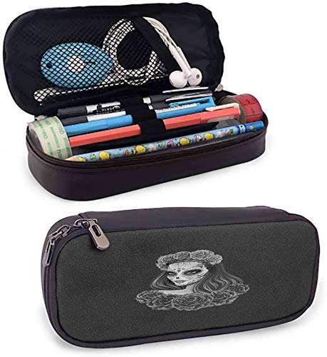 KLKLK Estuche Day of The Dead Pencil case for Girls Gothic Young Girl in Calavera Make Up Hairstyle with Roses Storage Stationery Charcoal Grey Pale Grey