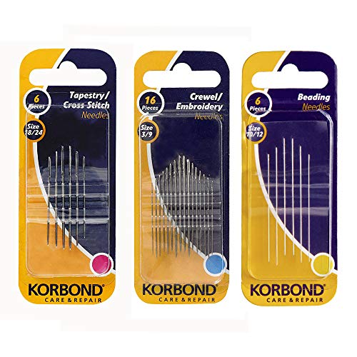 Korbond Pack de 3 juegos de agujas de coser: 16 agujas para bordar, 6 agujas de punto de cruz o para lana y 6 agujas para cuentas, para coser a mano, arreglos, remiendos y manualidades