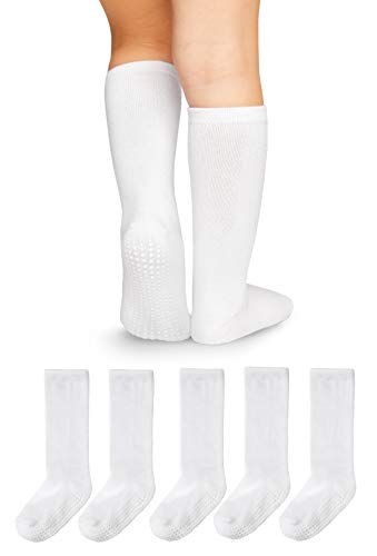 LA Active Calcetines Altos Rodilla Antideslizantes - 5 Pares - para Bebé Niños Niñas Infantil - Algodón (Blanco, 12-36 Meses)