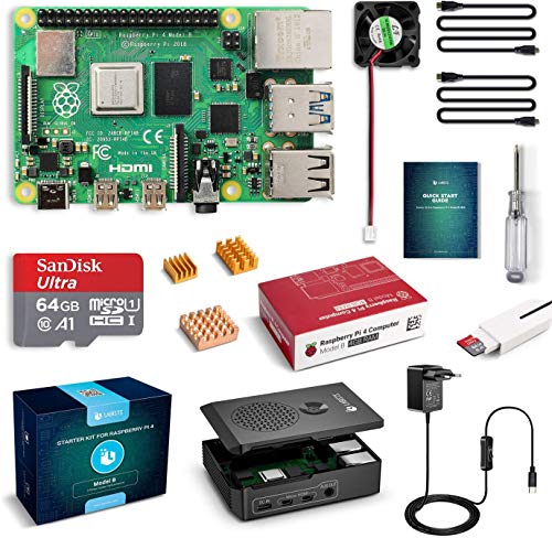 LABISTS Raspberry Pi 4 Model B 4GB RAM Starter Kit, RPi Barebone con MicroSD 64GB, Tipo C Alimentador 5.1V 3A, Ventilador, 2 Micro HDMI, Raspberry Pi 4 Case Protectora Negra y Lector de Tarjeta