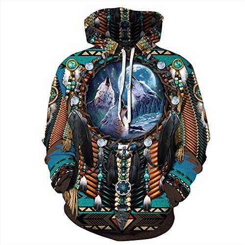 Lanbowo Jefe Indio Nativo Tribal Tótem Étnico Hippie Hombre Mujer Sudadera con Capucha Chaquetas Impresión Digital - Qyxh215, X-Large