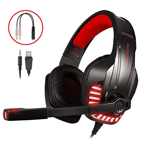 LATEC Auriculares Gaming, Cascos Gaming Microfono para PS4 Xbox One S, PC, Computadora Portátil Sonido Envolvente Estéreo Cancelación de Ruido en los Auriculares con Memoria Suave, luz LED