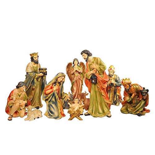 LBA Nacimiento Grande de Resina policromada, Compuesto por 11 Figuras. Medidas: El Niño Jesús en el Pesebre Mide 19,5x13x6 cms, la Virgen María Mide 33x20x16 cms, San José 50x21x17 cms,