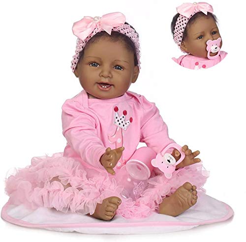 L.BAN Realistic Reborn Baby Dolls 22Inch 55Cm Soft Silicone Looking Newborn Dolls Piel Negra Princesa Chica Estilo Indio Africano Muñeca de Juguete para Mayores de 3 años