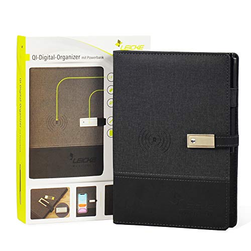 Leicke Cuaderno multifuncional con cargador inalámbrico, banco de energía digital Qi integrado, agenda A5 rellenable, cuaderno inteligente con disco flash USB