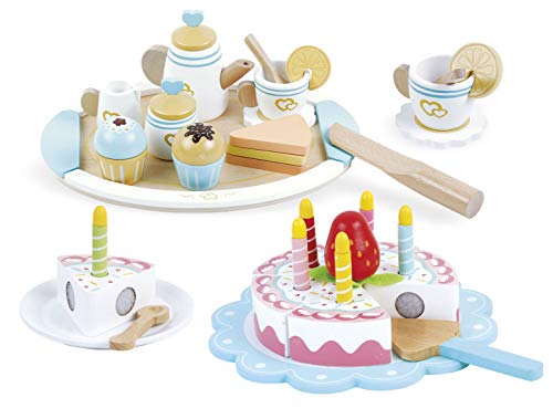 Leomark Conjunto de Madera para una Fiesta de cumpleaños - 2 en 1 - Tetera de Madera + Torta de cumpleaños con Accesorios, para cocinas de Juguete, para niños, Multicolor