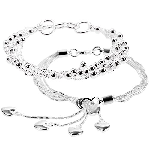 Lictin Pack de 2 Pulseras de Mujeres Plateada de Plata 925 Estilo Borla Corazon Fleco Brazalete de Mujer 20cm Regalo Cumpleaños Navidad El día de San Valentin Boda Lictin Pack de 2 Pulseras de Mujeres Plateada de Plata 925 Estilo Borla Corazon Fleco Brazalete de Mujer 20cm Regalo Cumpleaños Navidad El día de San Valentin Boda