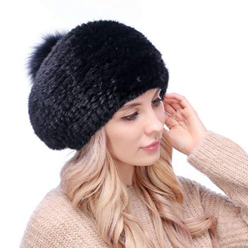 LIGH Sombrero de Piel Sombrero de Piel de Invierno para Mujer Boina de visón Gorra de Bola de Piel Tejida Coreana Sombrero de Mujer Decorativo cálido y a Prueba de Viento - Negro