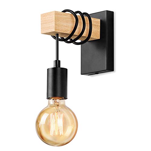 Lightess Lámpara de Pared Madera Apliques de Pared Industrial Casquillo E27 LED Iluminación Interior para Dormitorio, Hotel, Bar, Restaurante, Cafetería,No Incluye Bombilla, Negro