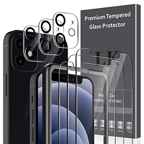 LK 6 Pack Protector de Pantalla Compatible con iPhone 12 Mini 5.4 Pulgada,Contiene 3 Pack Cristal Vidrio Templado y 3 Pack Protector de Lente de cámara, Doble Protección,Marco de Posicionamiento