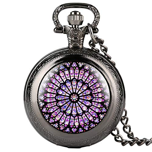 LLXXYY Collar De Reloj De Bolsillo,Vintage Rosetón Vidrieras Notre Cuarzo Negro Reloj De Bolsillo Colgante Collar Reloj Steampunk Coleccionables Unisex
