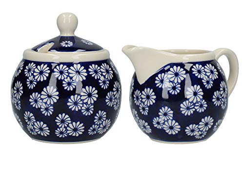 London Pottery Out of the Blue - Juego de jarra de leche y azucarero, diseño de margaritas, color blanco y azul, 2 piezas