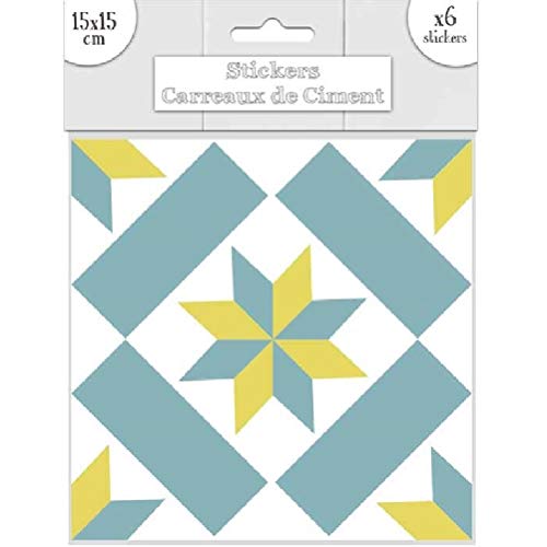 Lote de 6 pegatinas de azulejos de cemento, azul/amarillo, 15 x 15 cm