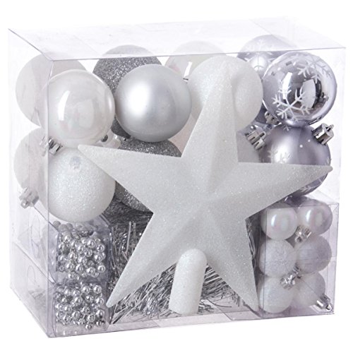 Lote de navidad - Kit 44 piezas para decorar árbol: Guirnaldas, Bolas y Estrella cima - Tema color: Blanco,Parma y Gris Plata Lote de navidad - Kit 44 piezas para decorar árbol: Guirnaldas, Bolas y Estrella cima - Tema color: Blanco,Parma y Gris Plata
