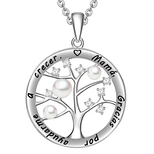 LOVORDS Collar Mujer Grabado Plata de Ley 925 Colgante Árbol de la Vida Familiar Perla Cultivada Blanca de Agua Dulce 3-4mm Regalo Madre Mamá