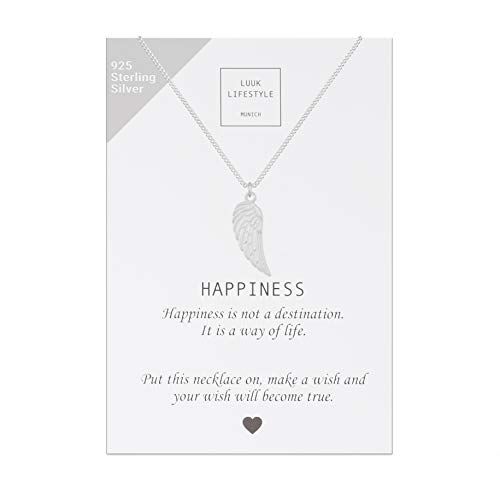 LUUK LIFESTYLE Collar de plata de ley 925 con colgante de alas de ángel y cita Happiness, joya de mujer, tarjeta de regalo, amuleto, plata LUUK LIFESTYLE Collar de plata de ley 925 con colgante de alas de ángel y cita Happiness, joya de mujer, tarjeta de regalo, amuleto, plata
