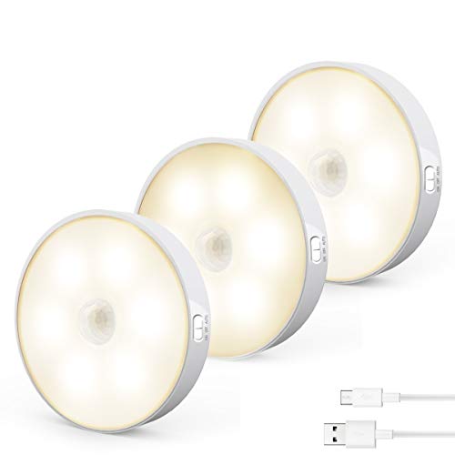 Luz Nocturna, Cadrim Luces Armario LED con Sensor Movimiento Recargable USB (3 pack), luz de Armario/Gabinete, Lámpara Nocturna LED Inalámbrica para Cocina, Vitrina, Tocador, Pasillo, Escalera etc