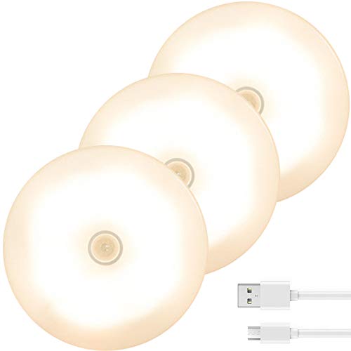 Luz Nocturna con Sensor de Movimiento (3 Pack),Luces Armario LED con Recargable USB,Luz Gabinete Inalámbrica para Cocina,Tocador,Pasillo etc (Amarillo)