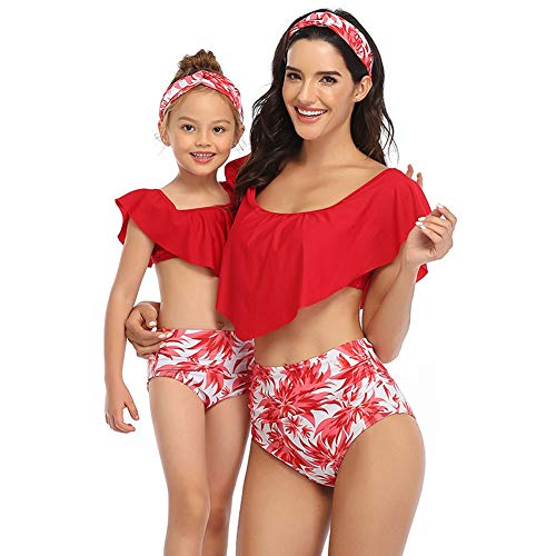 Madre e Hija Bikinis Traje de baño Madre-Hija Bikini Traje de Baño,Volantes Impresos Mamá Niña Bañadores de Mujer Playa Rojo 128