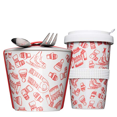 Mahlwerck Coffe2Go & Snack2Go XXL - Juego de tazas de café y fiambrera (porcelana para llevar con banda de silicona, edición invernal, 2 unidades), color rojo