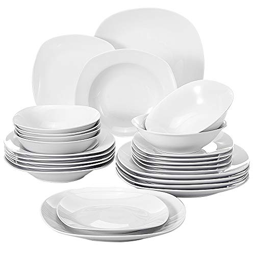 MALACASA, serie Elisa, 24 piezas Juegos de Vajilla de Porcelana, 6 Platos planos, 6 Platos de postre, 6 platos de Sopa, 6 cuencos de creales vajilla para 6 personas