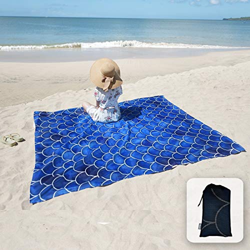Manta de playa sedosa y suave, a prueba de arena, bolsillos en las esquinas y bolsa de malla, 213x185cm, para playa, fiestas, viajes, camping y festivales de música al aire libre, color azul oscuro Manta de playa sedosa y suave, a prueba de arena, bolsillos en las esquinas y bolsa de malla, 213x185cm, para playa, fiestas, viajes, camping y festivales de música al aire libre, color azul oscuro