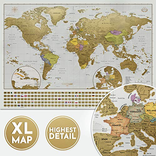 Mapa Rascar edición XXL - Un mapamundi extragrande personalizado y todas las banderas del país. El paquete de regalo incluye una herramienta para rascar con precisión y pegatinas de recuerdo de viajes