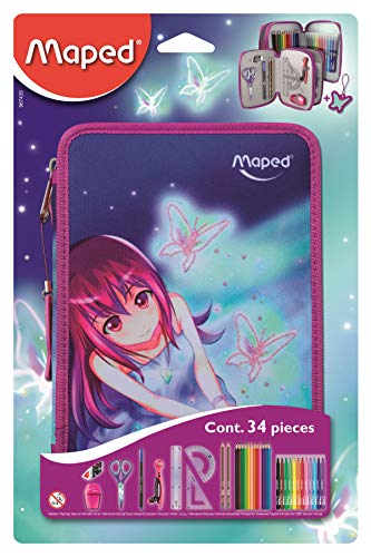 Maped Butterfly - Plumier con 34 piezas, dos pisos, color granate y morado Maped Butterfly - Plumier con 34 piezas, dos pisos, color granate y morado
