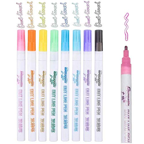 Marker Pen for Highlight, 8 Colors Double Line Outline Permanent Makers Pens, Outline Metallic Markers Highlighter Writing Drawing Pens for DIY Greeting Gift Cards, Scrapbook Crafts