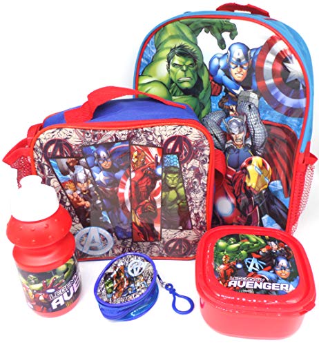 Marvel Avengers Set De Regalo Mochila + Billetera + Bolsa Aislante + Botella Para Beber + Caja De Almuerzo - Licenciado Oficialmente - Backpack Purse Lunch Bag Sports Bottle Sandwich Box - Gift Bundle