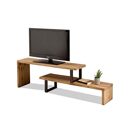 Mesa televisión, Mueble TV Salón Diseño Industrial-Vintage, Extensible de 140 cm a 170 cm, Madera Maciza Natural, Patas Metálicas.