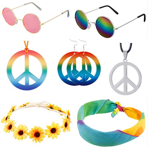 metagio 7 piezas Hippie Kostüm Set, Retro Vintage gafas arco iris símbolo de la paz collar Sonnenblumen Flores Diadema Dye Stirnband Hipppy Ankleiden para 60 años 70 temática Party o Halloween