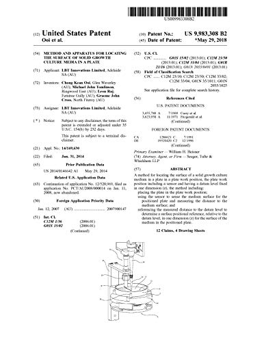Method and apparatus for locating the surface of solid growth culture media in a plate: United States Patent 9983308 (English Edition)
