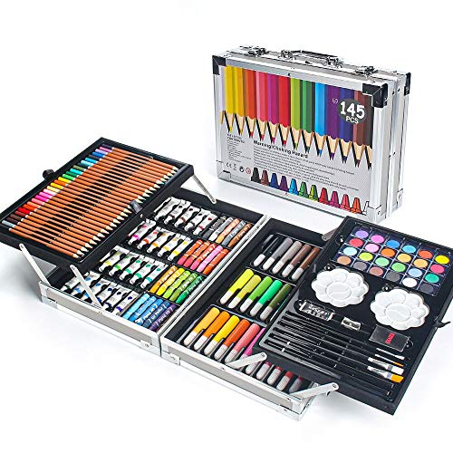 MIAOKE 145 Set de Pintura Niños, Caja de Aluminio Deluxe y Kit de Dibujo con Lápices de Colores, Marcadores, Pinturas de Acuarela, Crayones, Lápices HB, Pastel de Acuarela, Pincel, Bloc de Dibujo