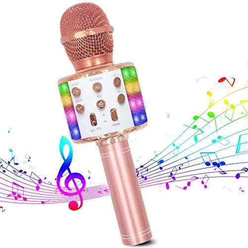 Micrófono de Karaoke Inalámbrico, Bluetooth Micrófono 4 en 1 Reproductor de Karaoke Portátil con Luces LED de Baile Compatible con Dispositivos Android e iOS para KTV en Casa/Fiestas/Canto de Niños
