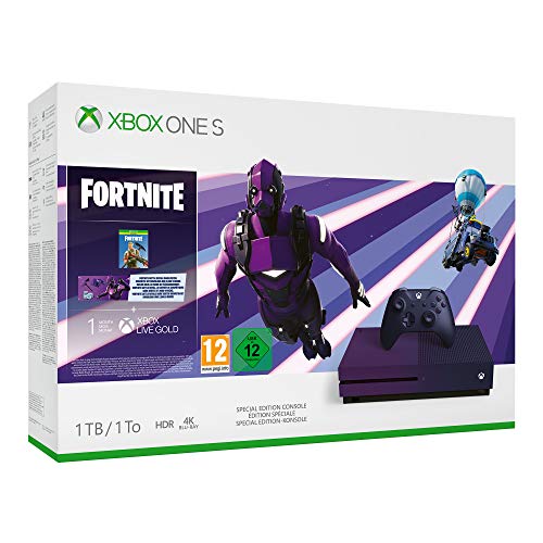 Microsoft Xbox One S - Consola de 1 TB, Degradado Morado + 1 Mando Morado, 1 Mes de: Xbox Live Gold (Digital) + Game Pass (Digital) + Fortnite Con Skin Dark Vexter + 2000 V-Bucks