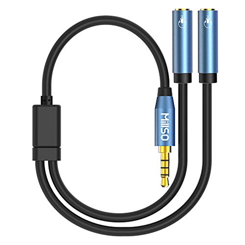 MillSO Divisor de auriculares Adaptador Jack de 3.5 mm - Divisor de micrófono de 4 polos macho a doble hembra (Mic + Audio) para iPod, teléfono móvil, portátiles, PC y reproductores de MP3